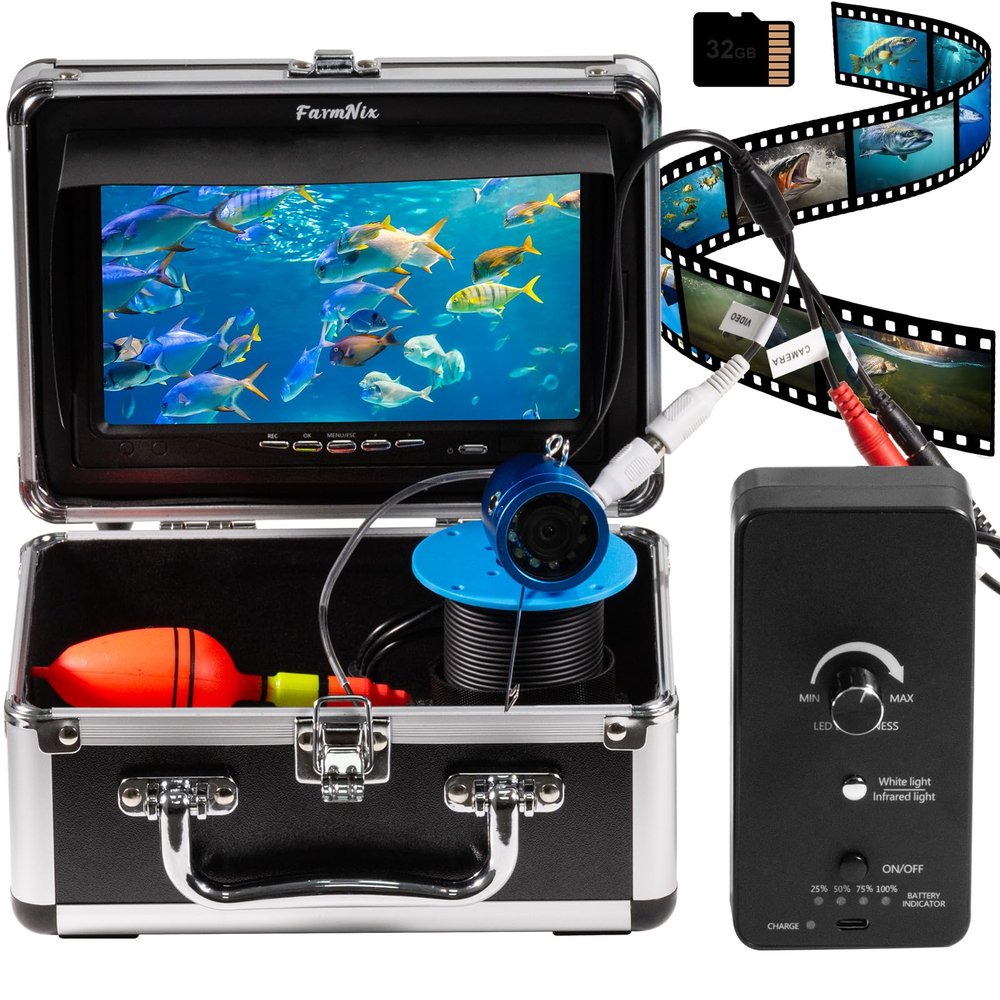 FarmNix Underwater Fishing Camera, 7" LCD Monitor with 10000mAh, Waterproof Portable Fish Finder, Underwater Camera for Fishing & Ice Fishing, 32GB DVR, IR LED 98FT Fish Cam for Ice Lake Boat Fishing