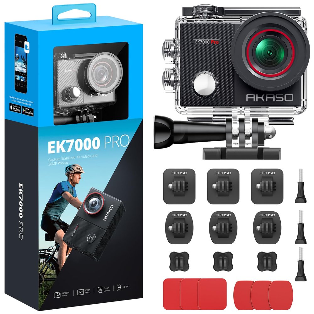 AKASO EK7000 Pro Action Camera and Adhesive Mount Kit Bundle