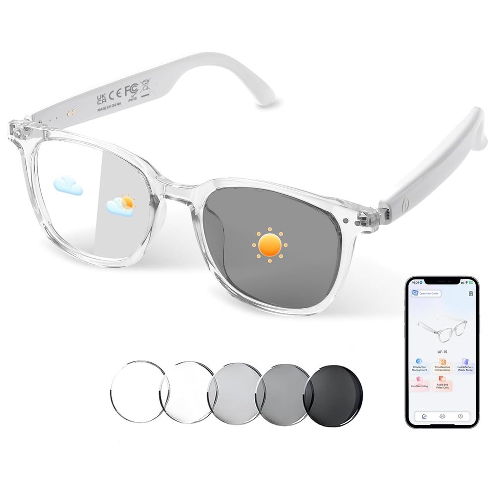 AI Smart Glasses, Bluetooth Translation Glasses for Men Women, Smart Audio Sunglasses with Real Time Translation(160+Languages), Photochromic Lenses, Music Blue Light Glasses for Travel Business-Clear