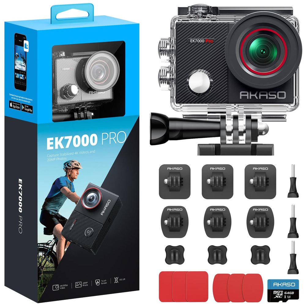 AKASO EK7000 Pro Action Camera with MicroSDXC U3 Card and Adhesive Mount Kit Bundle
