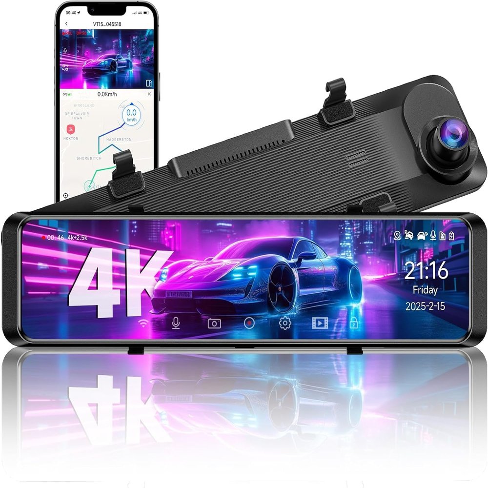 TUIFAC 4K Rear View Mirror Camera, 12'' Mirror Dash Cam, 4K/2.5K Backup Camera for Car, WiFi/GPS Dash Cam Front and Rear with 32GB Card, APP, Voice Control, WDR Night Vision, Reverse Assist (Black)