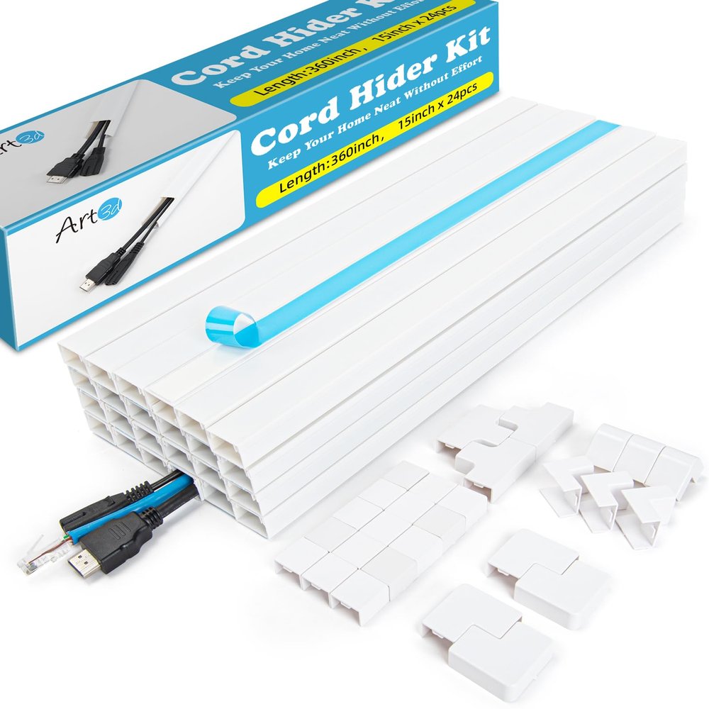 Art3d Cord Hider Kit, 360in Cord Covers for Wires on Wall, Paintable Cable Hider, Cable Raceway Kit for Wires, Wall Mount TV Cords Management, W0.94 H0.54in, White