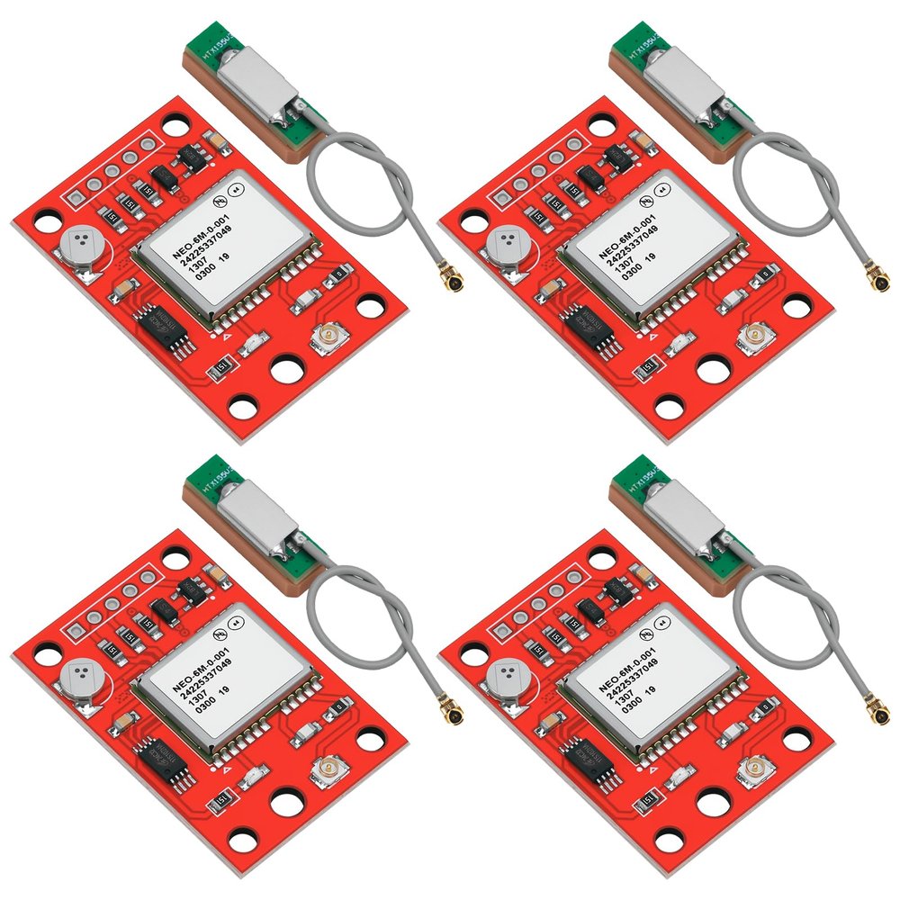 4 Pack GY-NEO6MV2 NEO-6M GPS Module - Flight Controller Module Board 3V-5V with Super Strong Ceramic Antenna Compatible with Ar duino ESP 32 Rasp Berry P i EEPROM APM 2.5 (Red)