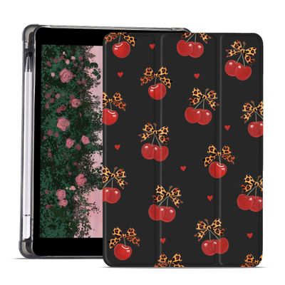 AdorableWhimsy Leopard Print Cherry Case for iPad 9th/7th/8th Generation(2021/2020/2019 10.2 Inch) Aesthetic Design Leather Protective Case Foldable Soft Back Cover with Pencil Holder