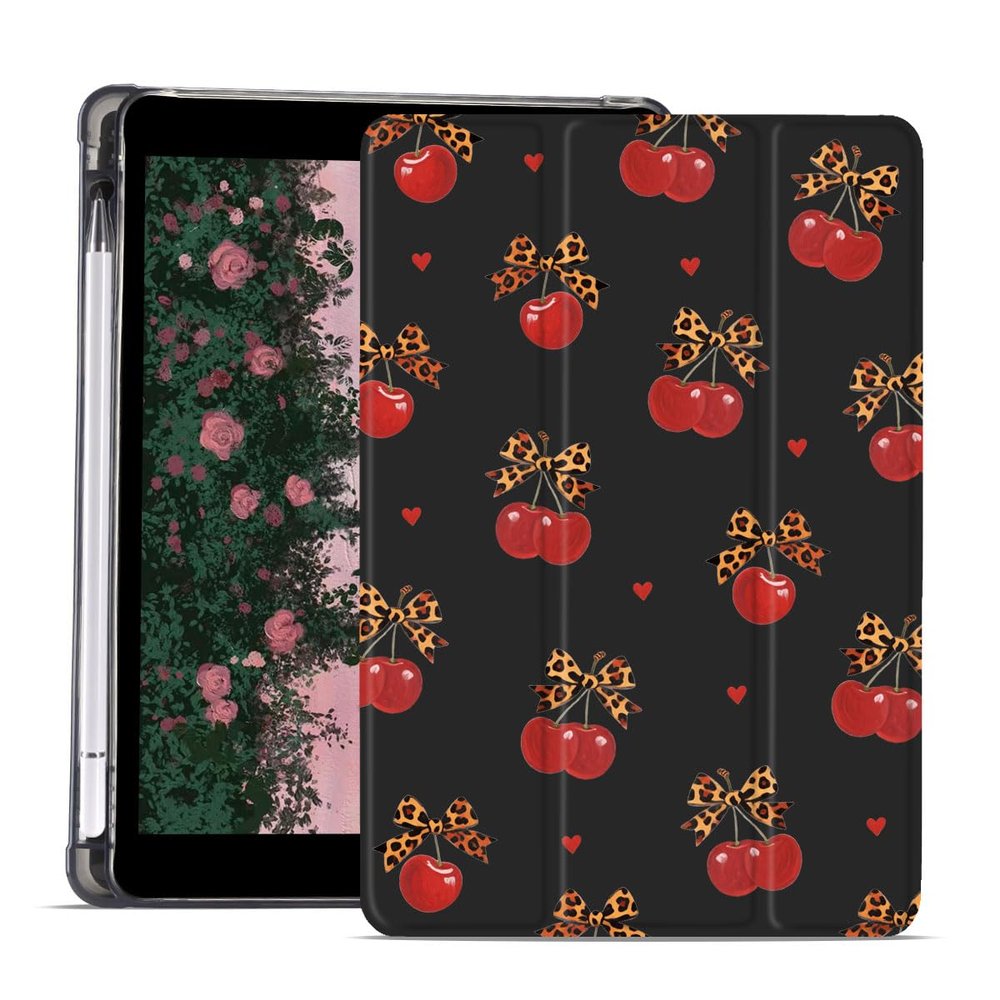 AdorableWhimsy Leopard Print Cherry Case for iPad 9th/7th/8th Generation(2021/2020/2019 10.2 Inch) Aesthetic Design Leather Protective Case Foldable Soft Back Cover with Pencil Holder