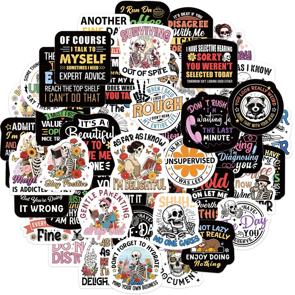 50 Pcs Sarcastic Skeleton Stickers, Dark Humor Designs