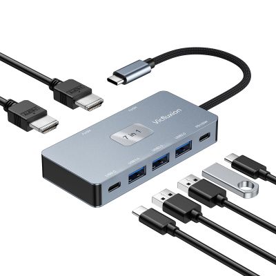 7-in-1 USB C Docking Station Dual Monitor, USB-C Hub with 2 HDMI Ports, 3 USB 3.0, 1 Type-C Data Port, 100W PD, Compatible with MacBook, Dell, HP, Lenovo, Surface