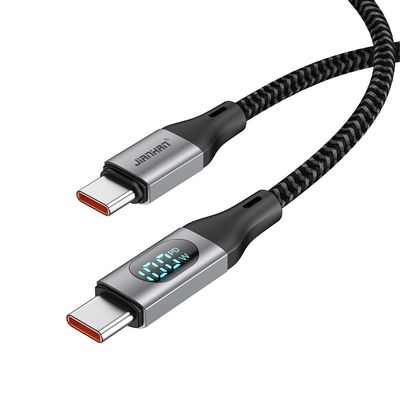 JianHan USB C to USB C Cable 100W with Real Time LED Display PD Fast Charging USB C Cable Braided 3.3ft for iPhone 16/15/15 Pro/15 Plus/15 Pro Max,iPad Air Pro,MacBook Pro,Galaxy S24/S24+/S23 (Grey)