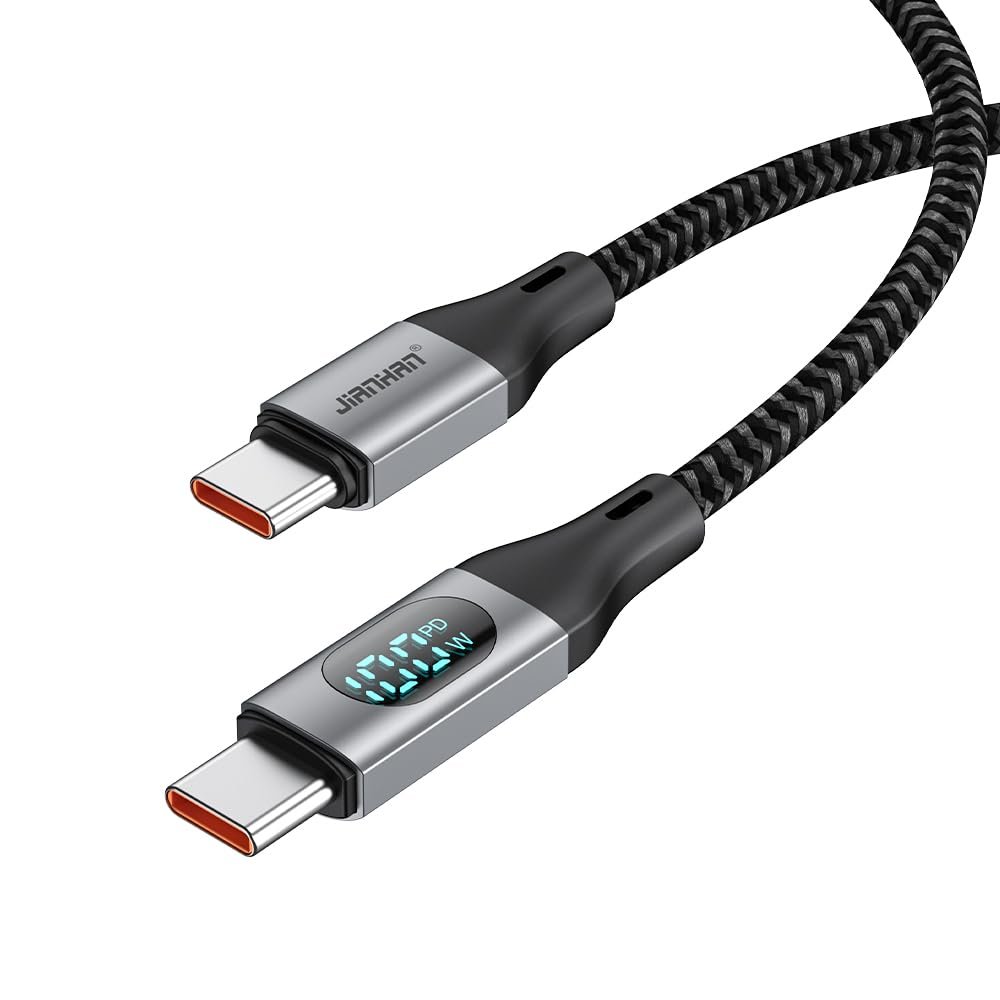 JianHan USB C to USB C Cable 100W with Real Time LED Display PD Fast Charging USB C Cable Braided 3.3ft for iPhone 16/15/15 Pro/15 Plus/15 Pro Max,iPad Air Pro,MacBook Pro,Galaxy S24/S24+/S23 (Grey)