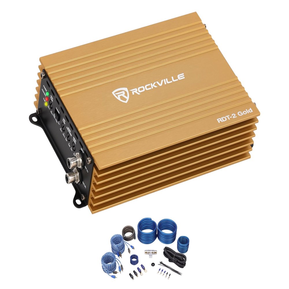 Rockville Car Audio Bundle with RDT-2 Gold 2 Channel Amplifier 400W RMS / 166W Max Class D, Compact Design, RWK42 4 Gauge Amp Wiring Kit 2 RCA Cables Superflex Jacket (2 Items)