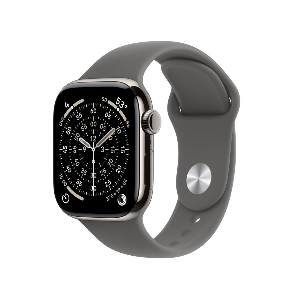 Apple Watch Series 11 [GPS + Cellular 42mm] Smartwatch with Natural Titanium Case with Stone Gray Sport Band - S/M. Sleep Score, Fitness Tracker, Health Monitoring, Always-On Display, Water Resistant