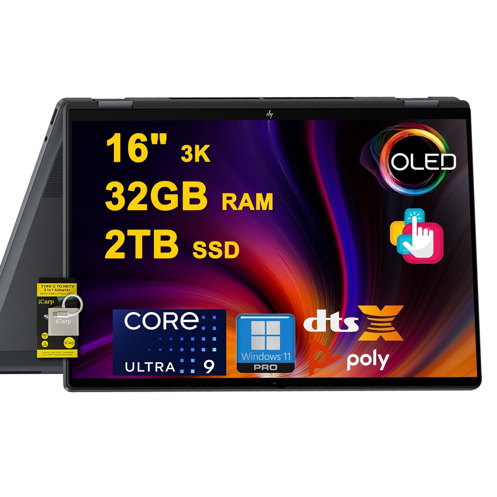 HP OmniBook X Flip 2-in-1 Laptop 16" 3K OLED Touch (500nits HDR, 120Hz) Intel 8-core Ultra 9 288V (Up to 48 Tops) 32GB RAM 2TB SSD for Creator Business Professional Win11Pro ICP Hub w/Copilot+ AI