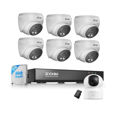 ZOSI C220 4K 8CH POE NVR Security Camera System with 2TB HDD, 6 x 8MP PoE IP Dome Cameras with AI Human/Vehicle/Face Detection, C518 4K Indoor Security Camera, WiFi Pan/Tilt Pet/Dog/Baby Plug-in IP Ca