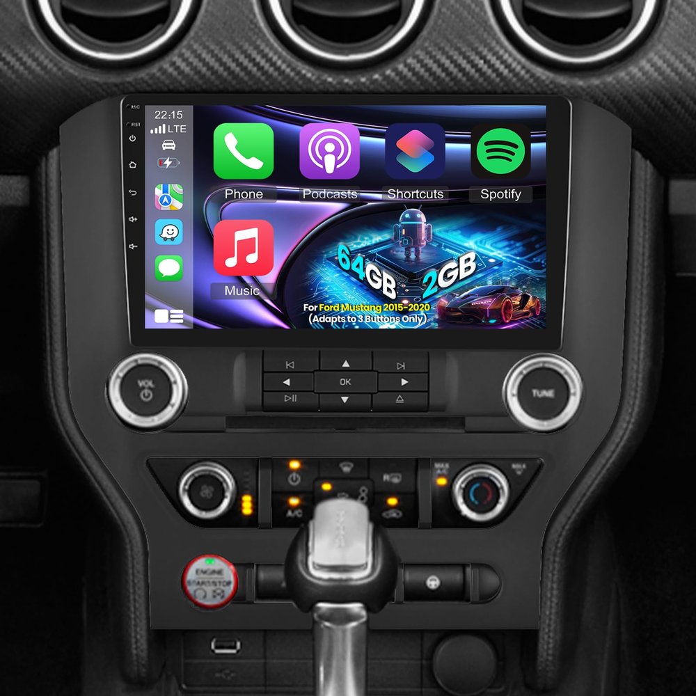 for Ford Mustang Radio 2015 2016 2017 2018 2019 2020 (Adapts to 3 Buttons Only), 2+64G 9 inch Touch Screen Mustang Android Car Stereo- Carplay/Android Auto/EQ Audio/SWC/Bluetooth