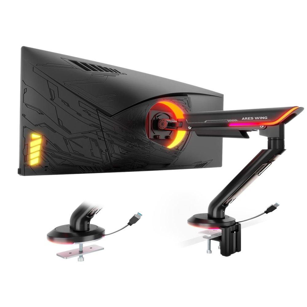 ARES WING Single Monitor Mount with RGB, Heavy-Duty Gaming Monitor Arm fits for 24"-57" Ultrawide Screen, Adjustable Computer Monitor Stand Holds Up to 60LBS with VESA Mount, Clamp & Grommet, Black