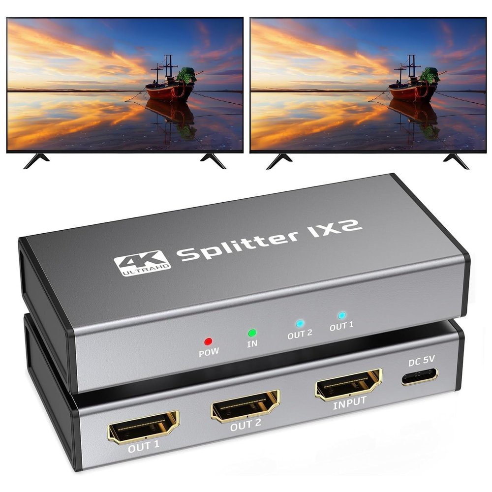 HDMI Splitter 1 in 2 Out, 4K@30Hz HDMI Splitter 1x2 Support 3D 1080P Full HD Compatible with PS5/4/3 Xbox Nintendo Roku HDTV Fire Stick Blu-ray Silver (Only Mirrors Screens)