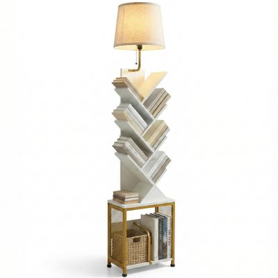 62" Tall Tree bookshelf cabinet with Light, Oval Fabric Lightshade (Gold)