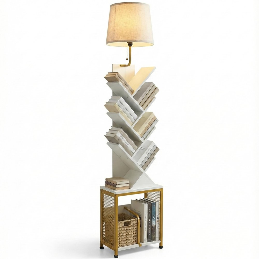 62" Tall Tree bookshelf cabinet with Light, Oval Fabric Lightshade (Gold)