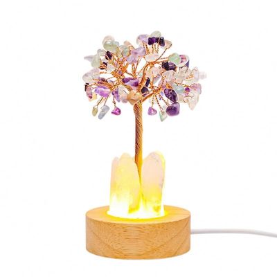 Lumisoul Natural Crystal Money Tree Night Light with Clear Quartz Point DIY Healing Lamp for Bedside and Home Dcor (Rainbow Fluorite Crystal)