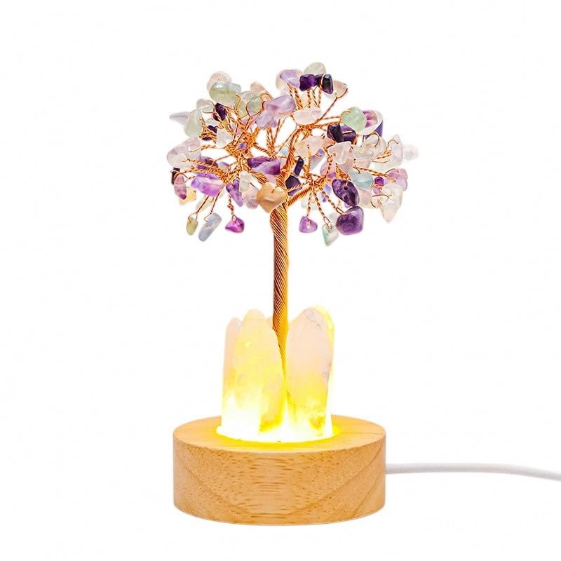Lumisoul Natural Crystal Money Tree Night Light with Clear Quartz Point DIY Healing Lamp for Bedside and Home Dcor (Rainbow Fluorite Crystal)