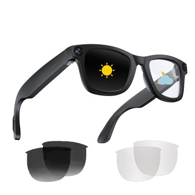 Smart Glasses Video Recording AI Glasses Photochromic Lenses with 8 Megapixels Wide-Angle Camera Languages Translation Image Recognition Answer Call for Android iOS Black