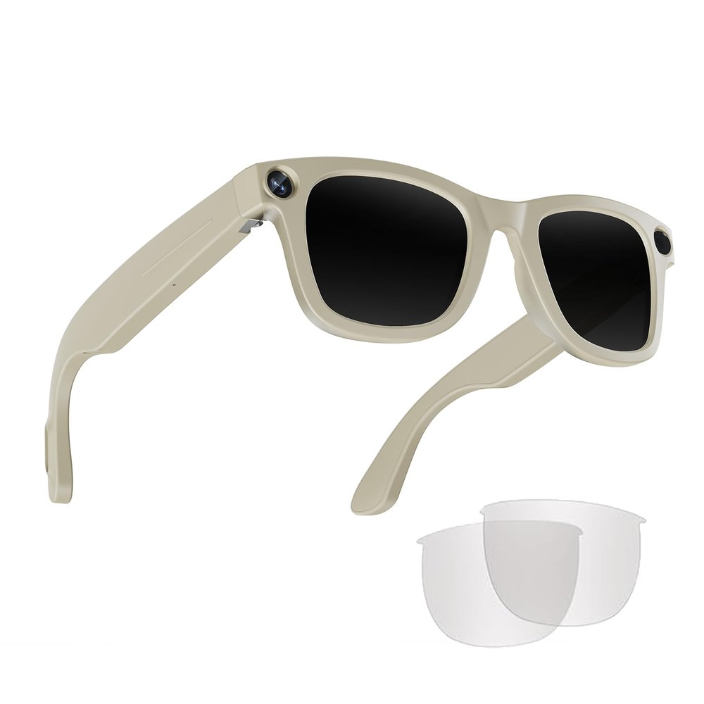 Yihou Smart Glasses Video Recording AI Glasses with 8 Megapixels Wide-Angle Camera Languages Translation Image Recognition Answer Call for Android iOS Beige