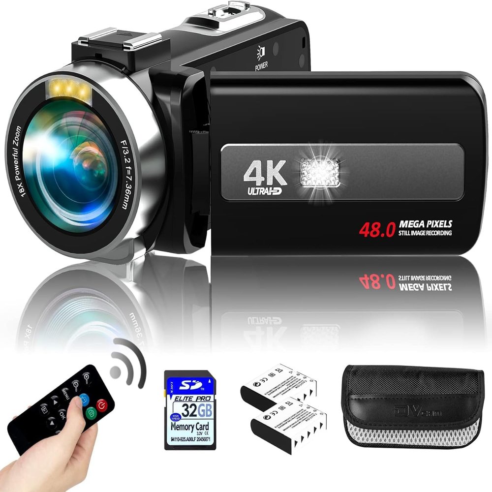 Video Camera 4K Night Vision Camcorder Digital, 48MP Vlogging Camera for YouTube, 18X Digital Zoom Camera Recorder 3" IPS Touchscreen with 32GB SD Card, Remote, 2 Batteries