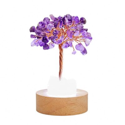 Lumisoul Natural Crystal Money Tree Night Light with Clear Quartz Point DIY Healing Lamp for Bedside and Home Dcor (Amethyst)