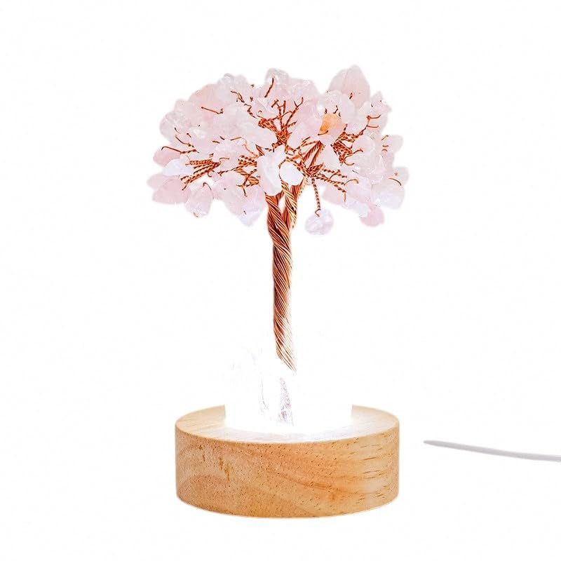 Lumisoul Natural Crystal Money Tree Night Light with Clear Quartz Point DIY Healing Lamp for Bedside and Home Dcor (Rose Quartz)
