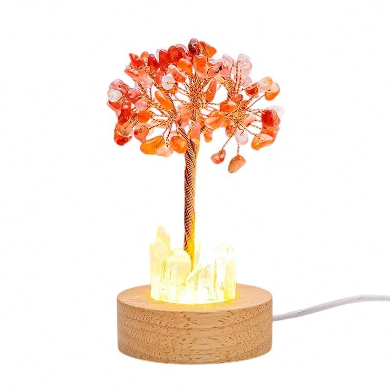 Lumisoul Natural Crystal Money Tree Night Light with Clear Quartz Point DIY Healing Lamp for Bedside and Home Dcor (Red Agate)