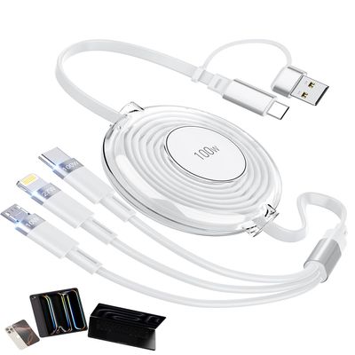100W Retractable Multi Charging Cable,5A Fast Charger Cord for Multiple Devices with Lightning/Type C/Micro USB Ports, 5-in-1 Retractable USB C/A Cable for iPhone 17 16 15 14, iPad, MacBook (White)