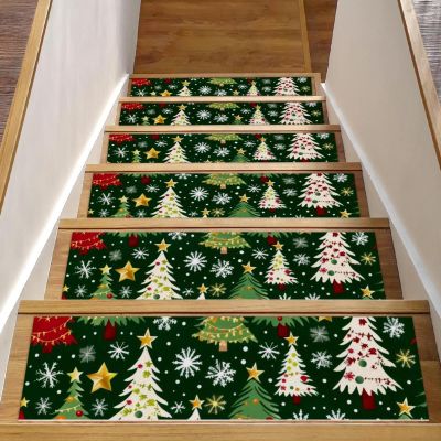 15 Pieces Stair Treads for Wooden Steps Cute Funny Sloth in Christmas Wreath Stairway Carpet Mat Indoor Stair Runners Soft Carpet Stair Treads Non-Slip Safety Step Rug Pads, 30" x 8"