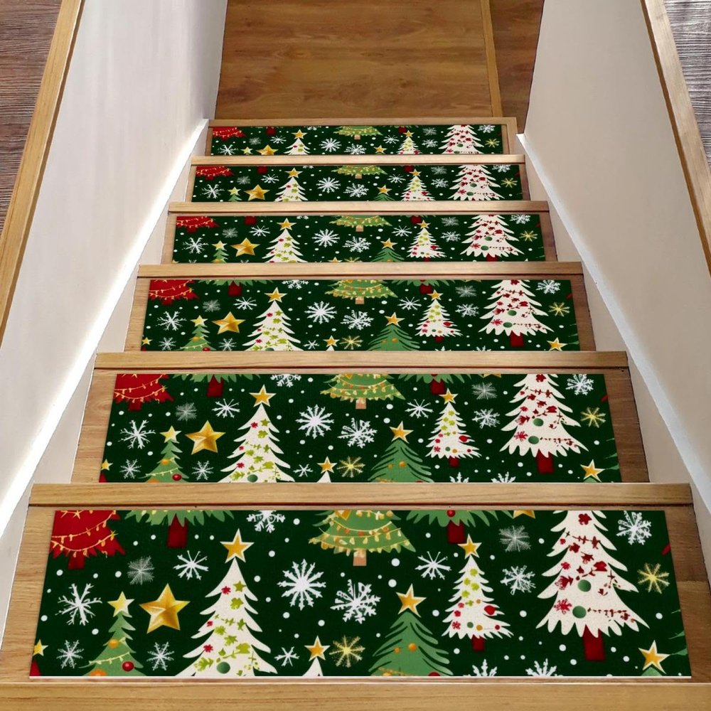 15 Pieces Stair Treads for Wooden Steps Cute Funny Sloth in Christmas Wreath Stairway Carpet Mat Indoor Stair Runners Soft Carpet Stair Treads Non-Slip Safety Step Rug Pads, 30" x 8"
