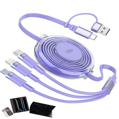 100W 5-in-1 Retractable Multi Charging Cable, 5A Fast Charging Cables for Multiple Devices with Lightning/Type C/Micro USB Ports,USB Multi Charger Cords for iPhone 17 16 15 14, iPad, MacBook (Purple)