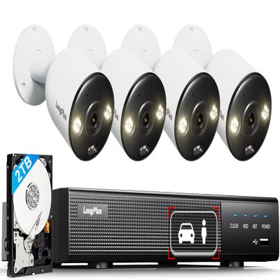 LongPlus 12MP Wired Home Security Camera System, 4pcs 12 Megapixel UHD PoE Surveillance Cameras, Person Vehicle Detection, Spotlight Color Night Vision, 8CH NVR with 2TB HDD, LP12ME84B1