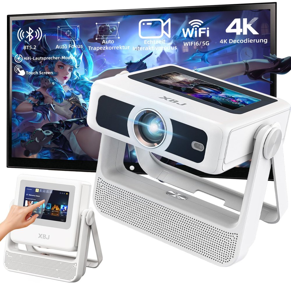XBJ [Built-in Apps/Touch Screen] A5pro Portable Projector with WiFi and Bluetooth, Support 4K, Outdoor Smart Projector with 180 Stand, Auto Focus, Mini Movie Proyector for Bedroom/Home (White)