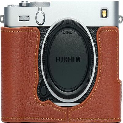 BMAOLLONGB X-E5 Camera Case, Handmade Genuine Real Leather Half Camera Case Bag Cover for Fujifilm X-E5 XE5 Camera Bottom Opening Version + Hand Strap (Brown)