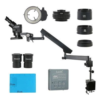 Industrial Trinocular Stereo Microscope with Articulating Arm and Column Clamp, Simultaneous Zoom, 3.5x90x, with 55MP 8.3MP 4K HDMI Video Camera