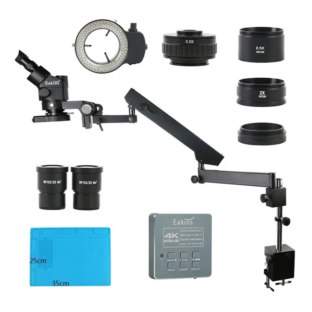 Industrial Trinocular Stereo Microscope with Articulating Arm and Column Clamp, Simultaneous Zoom, 3.5x90x, with 55MP 8.3MP 4K HDMI Video Camera