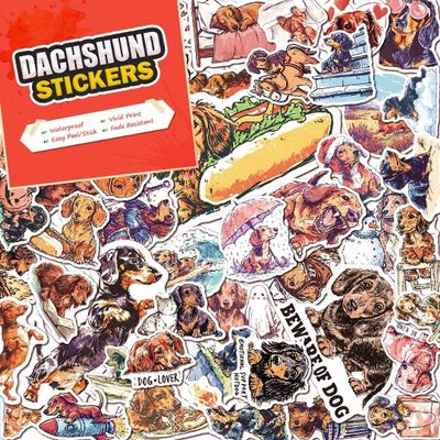 100 PCS Dachshund Stickers Pack  Waterproof Dog Decals for Water Bottles, Laptops, Phones, Notebook, Cars  Cool Vibrant Graphics for Dachshund Enthusiast