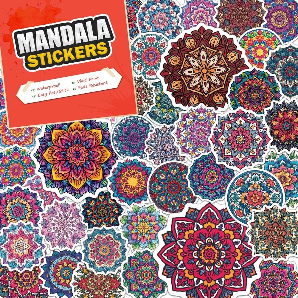 100 PCS Mandala Stickers Pack  Waterproof Vinyl Decals for Water Bottles, Laptops, Phones, Notebook, Cars  Cool Vibrant Graphics for Mandala Enthusiast