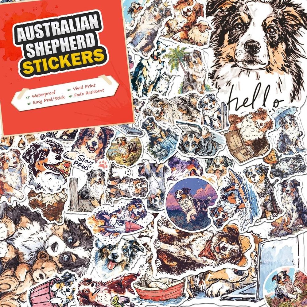 100 PCS Australian Shepherd Stickers Pack  Waterproof Dog Decals for Water Bottles, Laptops, Phones, Notebook, Cars  Cool Vibrant Graphics for Australian Shepherd Enthusiast