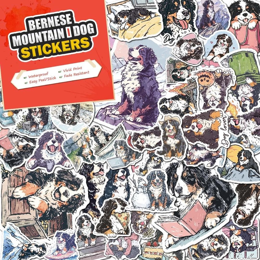 100 PCS Bernese Mountain Dog Stickers Pack  Waterproof Dog Decals for Water Bottles, Laptops, Phones, Notebook, Cars  Cool Vibrant Graphics for Bernese Mountain Dog Enthusiast