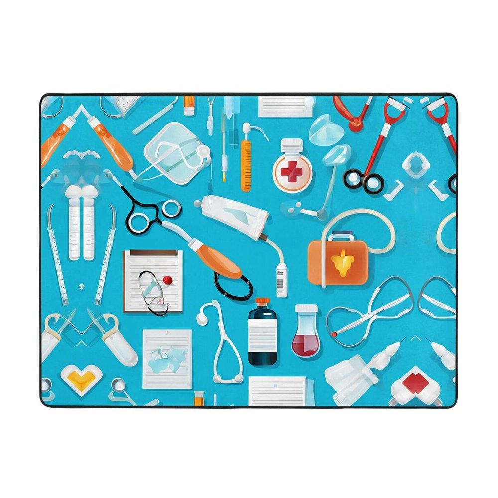 Cartoon Medicine Pattern Print Carpet 63x48in Bedroom Rug Non-Slip Area Rugs for Living Room
