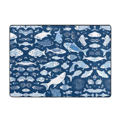 Cute Blue Fish Print Carpet 80x58in Bedroom Rug Non-Slip Area Rugs for Living Room