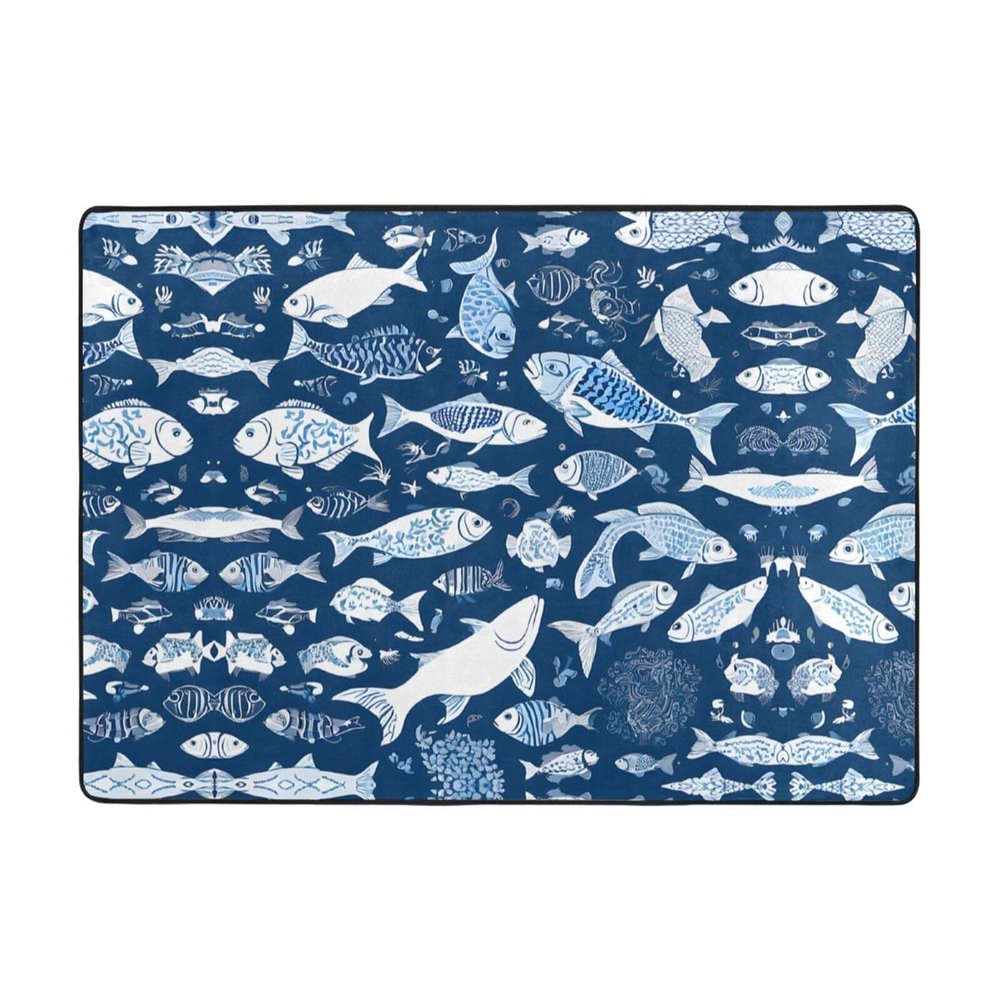 Cute Blue Fish Print Carpet 80x58in Bedroom Rug Non-Slip Area Rugs for Living Room