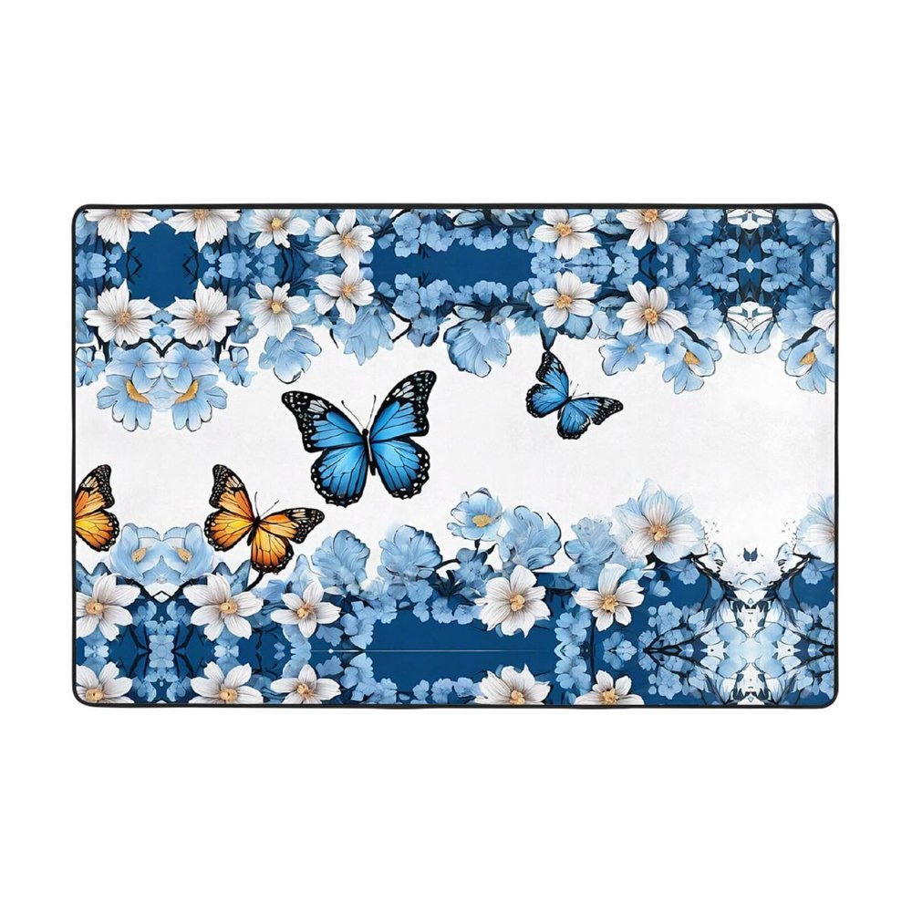 Blue Butterflies White Flowers Print Carpet 72x48in Bedroom Rug Non-Slip Area Rugs for Living Room