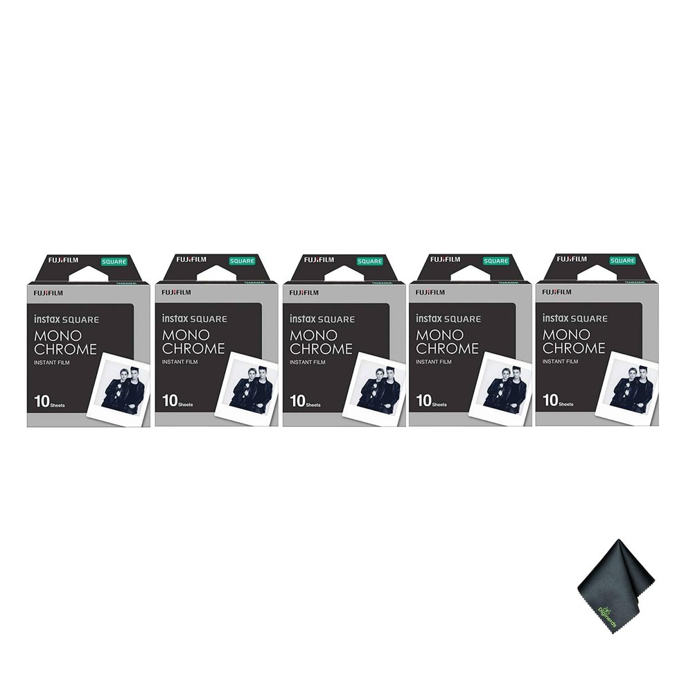 FUJIFILM INSTAX Square Monochrome Instant Film (Pack of 5) (50 Exposures) Bundle with Microfiber Cleaning Cloth