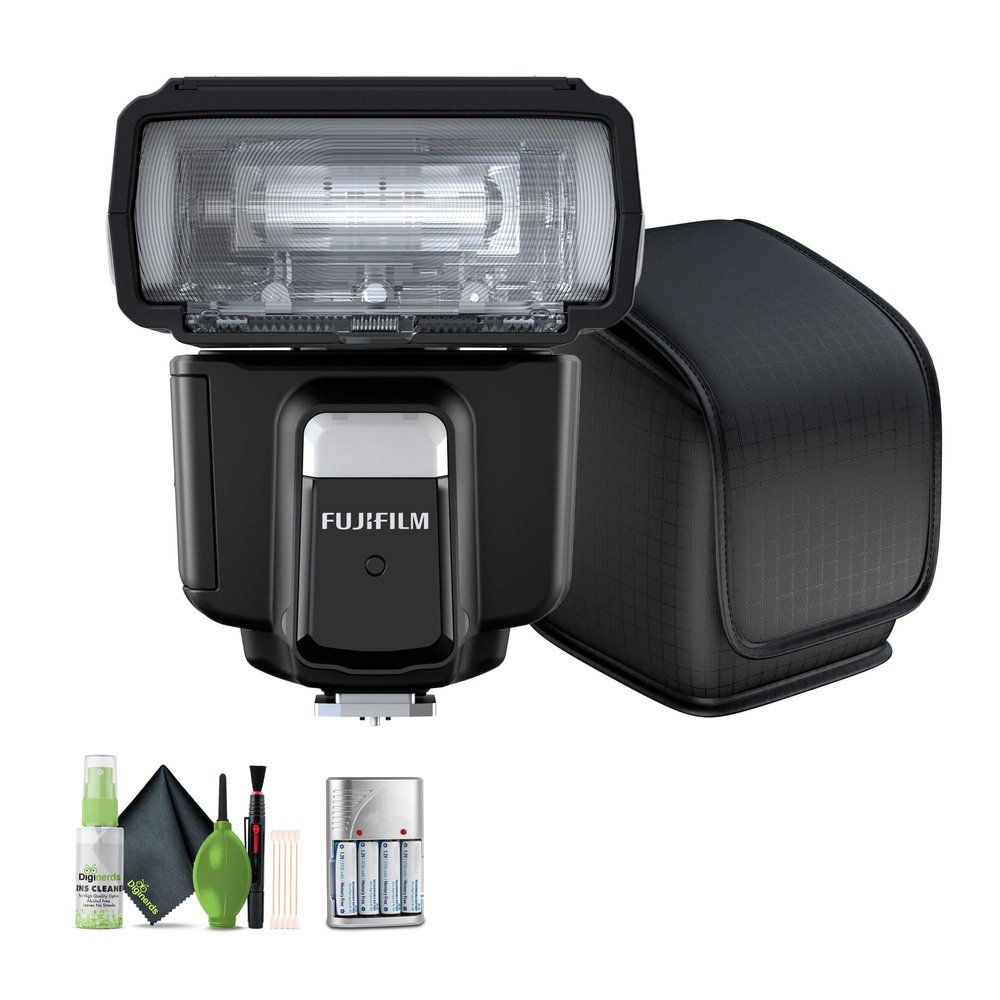 FUJIFILM EF-60 Shoe Mount Flash Bundle with Cleaning kit + 4X Rechargeable AA Batteries with Charger