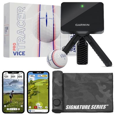 Garmin Approach R10 Portable Golf Launch Monitor with Vice Pro Balls | Practice at Home or on The Driving Range | Track Metrics, Record Video, 43,000+ Courses | with Signature Series Golf Towel